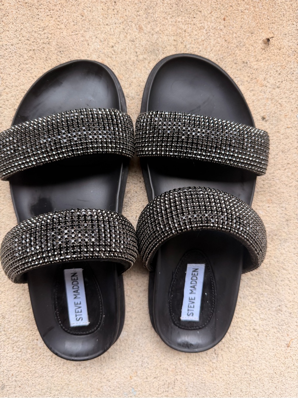 Steve Madden Black Rhinestone Double-Strap Slide Sandals